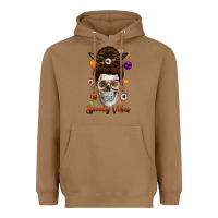 Toasted Coconut Spooky Vibes Skull Messy Bun Heavyweight Hoodie - texasbilliewilder