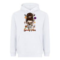 White Spooky Vibes Skull Messy Bun Heavyweight Hoodie - texasbilliewilder