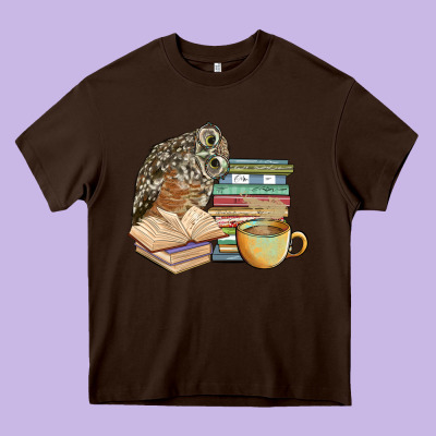 Owl And Books Heavy Core Tee Designed By Barkaloodesign