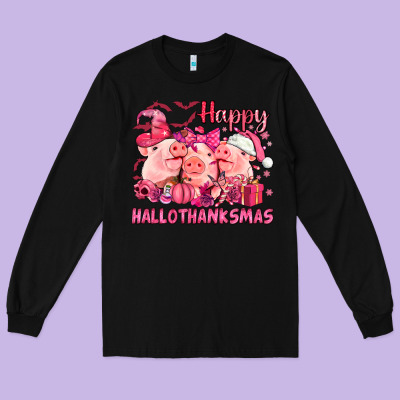 Happy Hallothanksmas Pigs Pink Long Sleeve Tee Designed By Nancycooperartshop