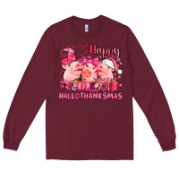 Burgundy Happy Hallothanksmas Pigs pink Long Sleeve Tee - NancyCooperArtShop