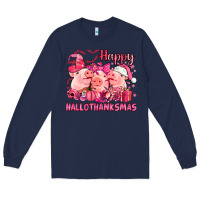 Navy Happy Hallothanksmas Pigs pink Long Sleeve Tee - NancyCooperArtShop