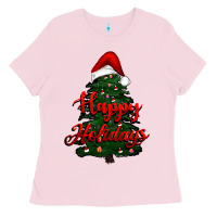 Bubblegum Pink happy holidays christmas tree Ladies Tee - RanaPortraitStore