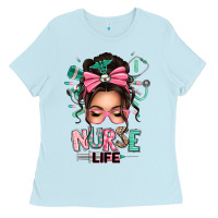 Baby Blue afro messy bun nurse life Ladies Tee - texasbilliewilder