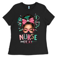 Black afro messy bun nurse life Ladies Tee - texasbilliewilder