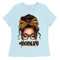 Baby Blue caucasian leopard messy bun mom life Ladies Tee - texasbilliewilder