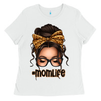 White caucasian leopard messy bun mom life Ladies Tee - texasbilliewilder