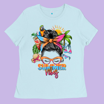 Summer Vibes Messy Bun Ladies Tee Designed By Zillion Design Studio