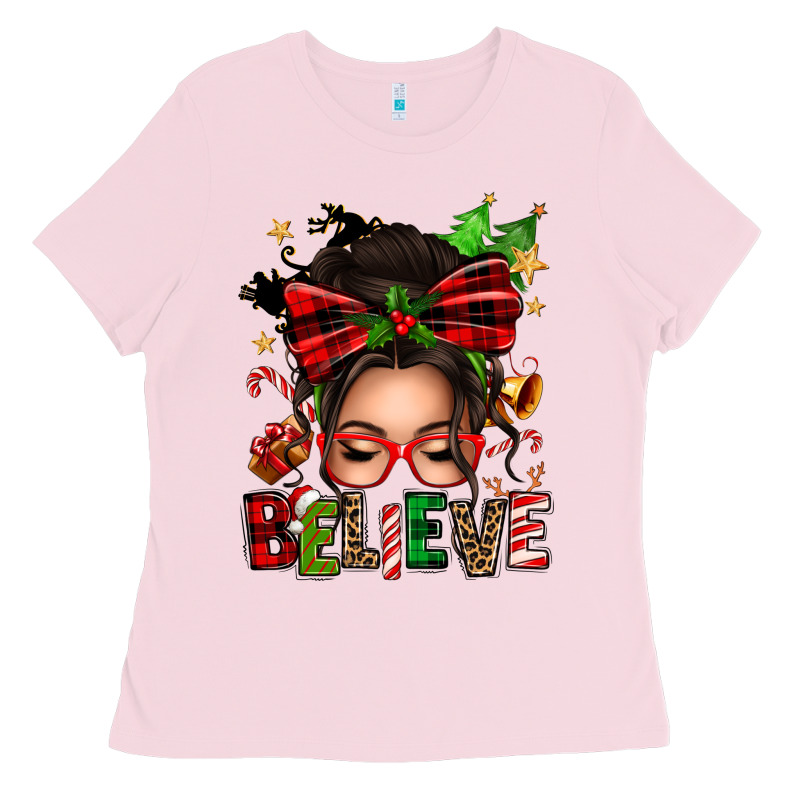 Christmas Believe Afro Messy Bun Ladies Tee by texasbilliewilder | Teevron
