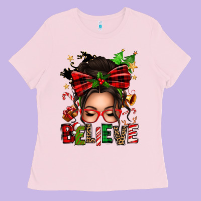 Christmas Believe Afro Messy Bun Ladies Tee Designed By Texasbilliewilder