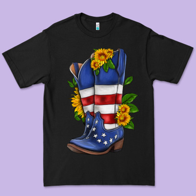 American Cowboy Boot With Sunflower Premium Tee Designed By Hra Design Shop