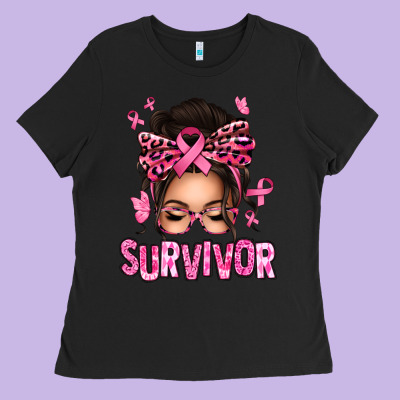 Breast Cancer Survivor Afro Messy Bun Ladies Tee Designed By Texasbilliewilder