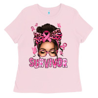 Bubblegum Pink breast cancer survivor afro messy bun Ladies Tee - texasbilliewilder