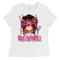 White breast cancer survivor afro messy bun Ladies Tee - texasbilliewilder