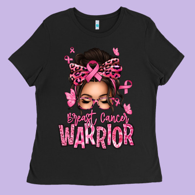 Brest Cancer Warrior Afro Messy Bun Ladies Tee Designed By Texasbilliewilder
