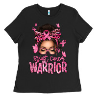 Black brest cancer warrior afro messy bun Ladies Tee - texasbilliewilder