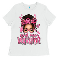 White brest cancer warrior afro messy bun Ladies Tee - texasbilliewilder