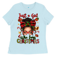 Baby Blue just a girl who loves christmas afro messy bun Ladies Tee - texasbilliewilder