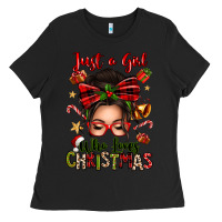 Black just a girl who loves christmas afro messy bun Ladies Tee - texasbilliewilder