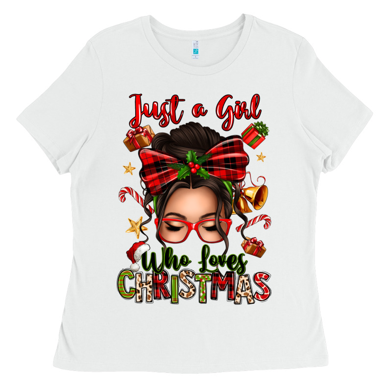Just A Girl Who Loves Christmas Afro Messy Bun Ladies Tee by texasbilliewilder | Teevron