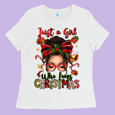Just A Girl Who Loves Christmas Afro Messy Bun Ladies Tee Designed By Texasbilliewilder