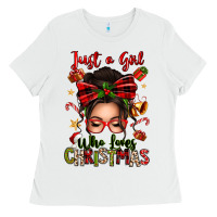 White just a girl who loves christmas afro messy bun Ladies Tee - texasbilliewilder