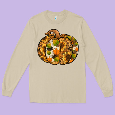 Leopard Cowhide Sunflower Pumpkin Long Sleeve Tee Designed By Nancycooperartshop