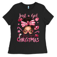 Black just a girl who loves pink christmas messy bun Ladies Tee - texasbilliewilder