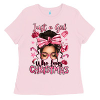 Bubblegum Pink just a girl who loves pink christmas messy bun Ladies Tee - texasbilliewilder