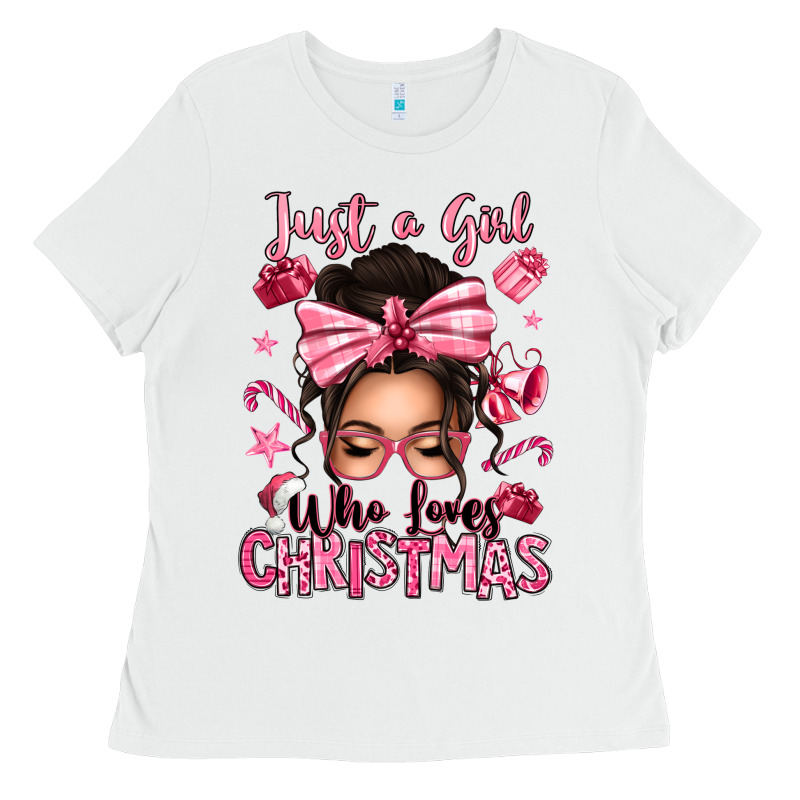 Just A Girl Who Loves Pink Christmas Messy Bun Ladies Tee by texasbilliewilder | Teevron