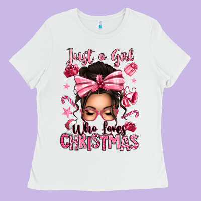 Just A Girl Who Loves Pink Christmas Messy Bun Ladies Tee Designed By Texasbilliewilder