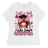 White just a girl who loves pink christmas messy bun Ladies Tee - texasbilliewilder