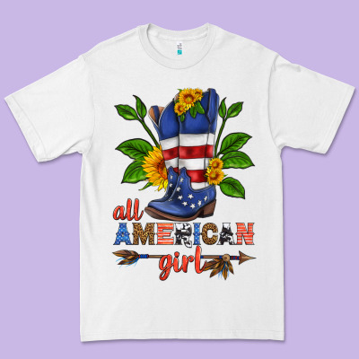 All American Girl Cowboy Boot With Sunflower Premium Tee Designed By Hra Design Shop