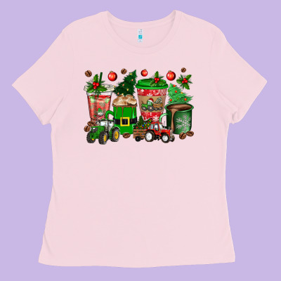 Christmas Tractor Coffee Cups Ladies Tee Designed By Texasbilliewilder