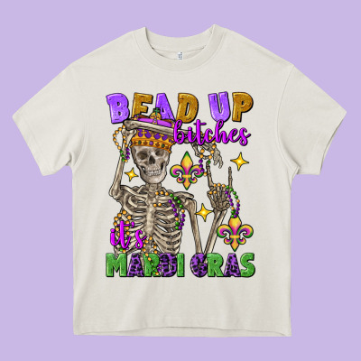 Bead Up Bitches It's Mardi Gras Skeleton Heavy Core Tee Designed By Fadigitalartstudio