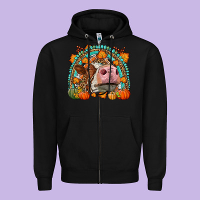 Fall Cow Rainbow Zipper Hoodie Designed By Lillyallendesigns