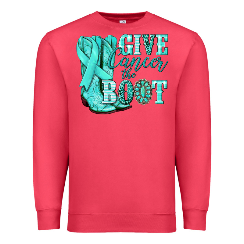 Give Cancer The Boot Ovarian Cancer Teal Ribbon Premium Sweatshirt by NancyCooperArtShop | Teevron