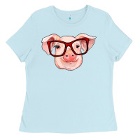 Baby Blue pig with red glasses Ladies Tee - RanaPortraitStore