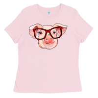 Bubblegum Pink pig with red glasses Ladies Tee - RanaPortraitStore