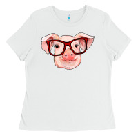 White pig with red glasses Ladies Tee - RanaPortraitStore