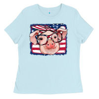 Baby Blue american flag pig Ladies Tee - RanaPortraitStore