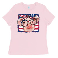 Bubblegum Pink american flag pig Ladies Tee - RanaPortraitStore