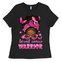 Black afro messy bun breast cancer warrior Ladies Tee - texasbilliewilder