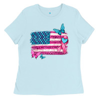 Baby Blue American flag breast cancer with ribbon Ladies Tee - texasbilliewilder