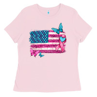 Bubblegum Pink American flag breast cancer with ribbon Ladies Tee - texasbilliewilder