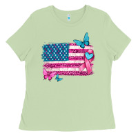 Matcha American flag breast cancer with ribbon Ladies Tee - texasbilliewilder