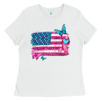 White American flag breast cancer with ribbon Ladies Tee - texasbilliewilder