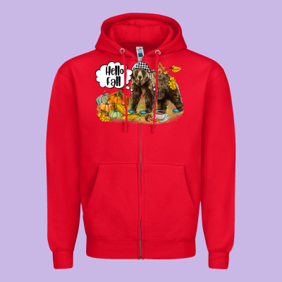 Hello Fall Brown Bear Zipper Hoodie Designed By Lillyallendesigns