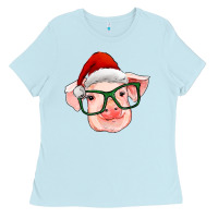 Baby Blue christmas pig with santa claus hat Ladies Tee - RanaPortraitStore