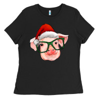 Black christmas pig with santa claus hat Ladies Tee - RanaPortraitStore
